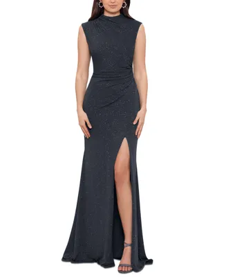 Betsy & Adam Women's Ruched Side-Slit Glitter Gown