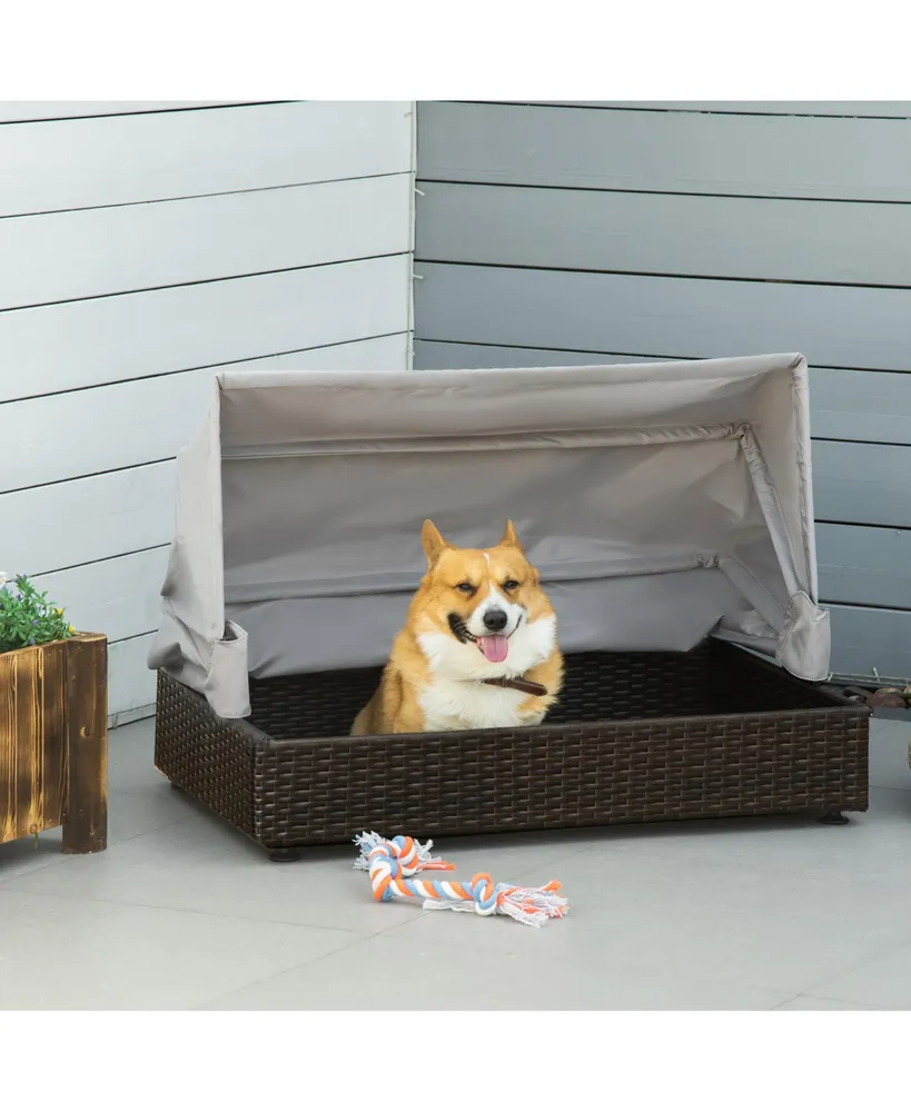 PawHut Rattan Dog Bed, Elevated Pet Sofa, Wicker Cat House, Indoor/Outdoor Use, for Garden Patio with Foldable Canopy, for Small or Medium