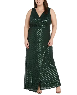 Nightway Plus Size Striped Sequined V-Neck Sleeveless Gown