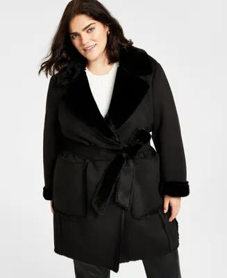 Dkny Women's Plus Belted Notched-Collar Faux-Shearling Coat