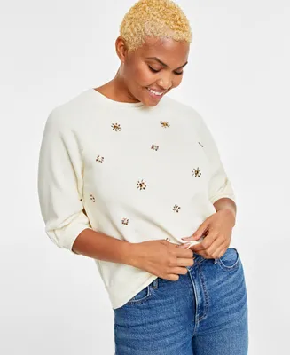 On 34th Women's Embellished Elbow-Sleeve Sweatshirt, Created for Macy's