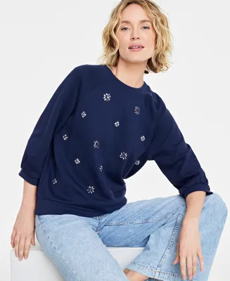 On 34th Women's Embellished Elbow-Sleeve Sweatshirt, Created for Macy's