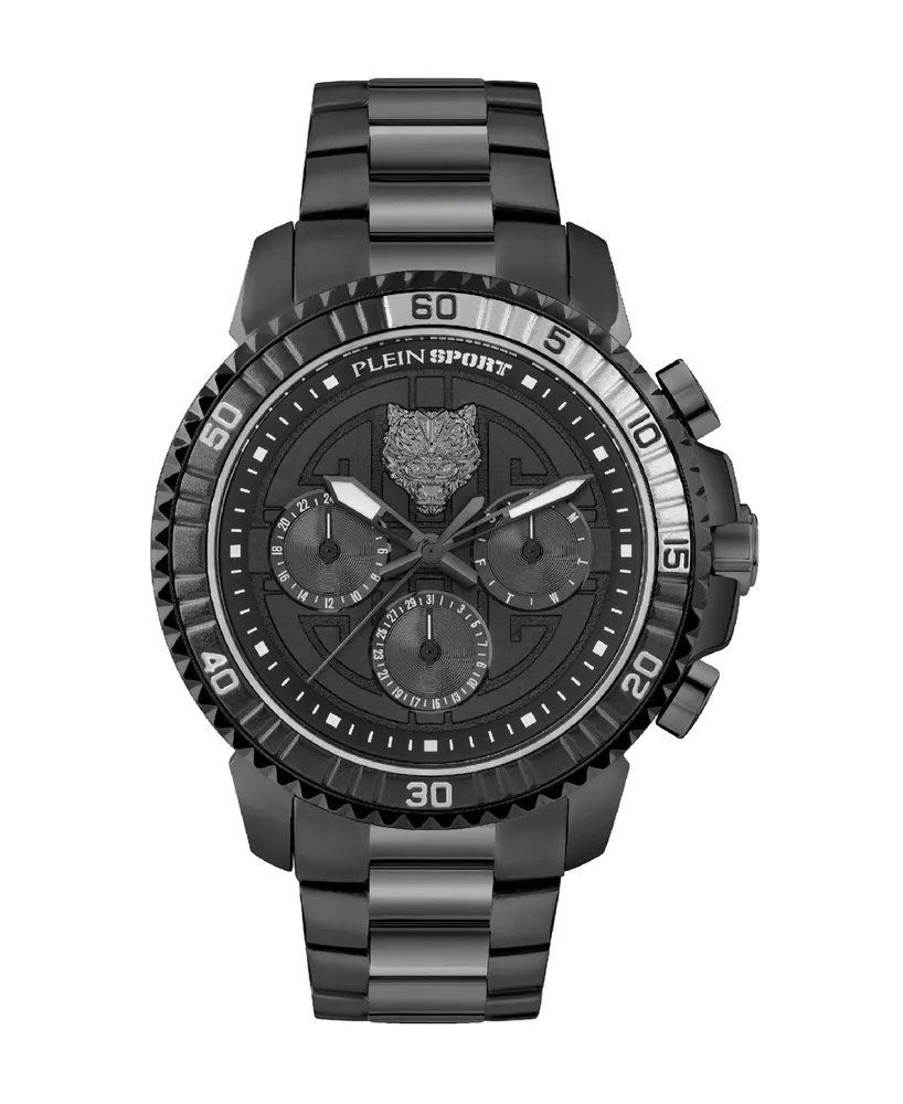 Plein Sport Men's Chronograph Date Quartz Powerlift Black Stainless Steel Bracelet Watch 45mm