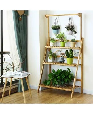 3 Tier Bamboo Hanging Folding Plant Shelf Stand Flower Pot Display Rack Bookcase
