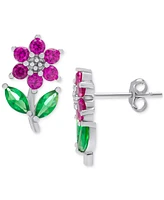 Lab-Grown Pink Sapphire (5/8 ct. t.w.) & Green Crystal Flower Stud Earrings in Sterling Silver