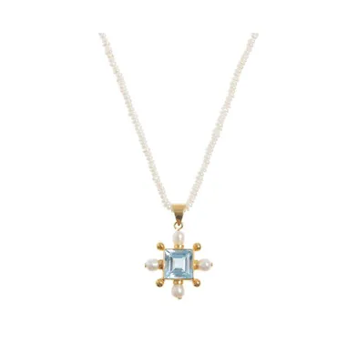 Seed Pearl Necklace With Blue Topaz Cross Pendant