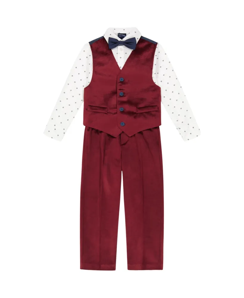 Nautica Little Boys Burgundy Velvet Vest, Pant, Pattern Shirt and Bow-tie, 4 Piece Set