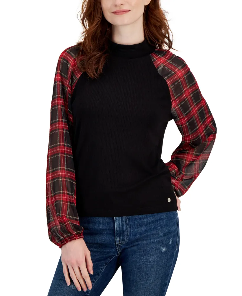Tommy Hilfiger Women\'s Plaid-Sleeve Mixed-Media Top | Hawthorn Mall