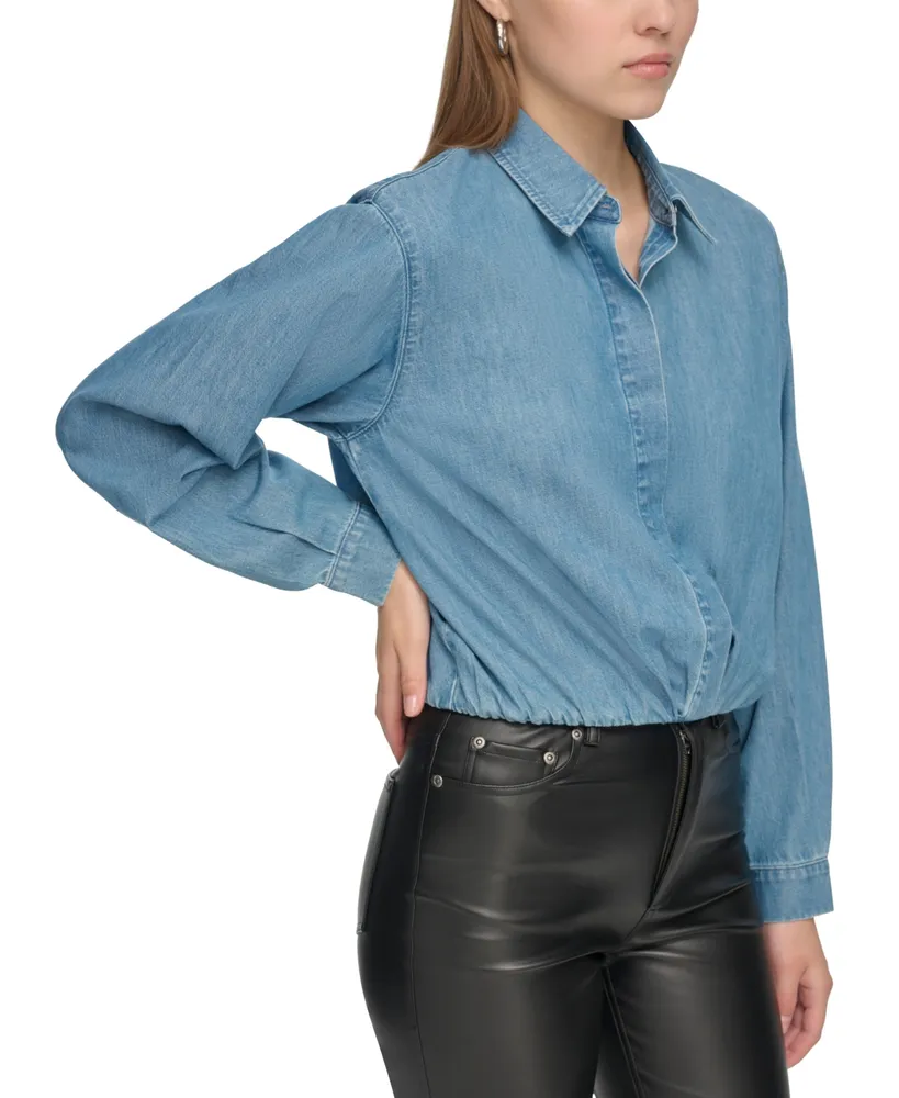 Dkny Jeans Women's Long Sleeve Denim Cropped Shirt