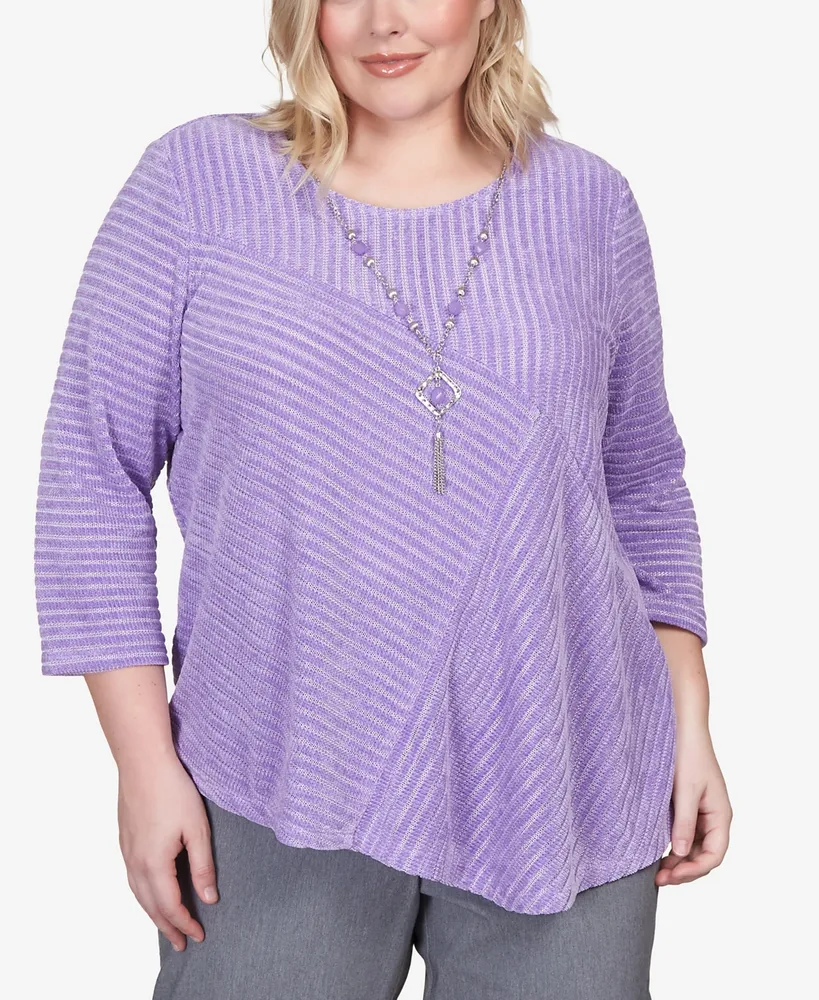 Alfred Dunner Plus Size Point of View Solid Spliced Chenille Top with  Necklace