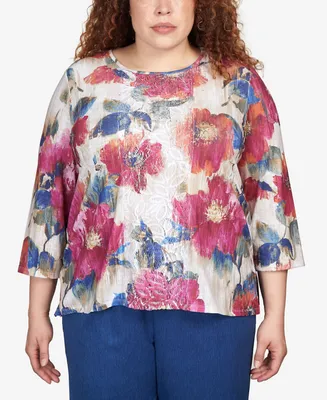 Alfred Dunner Plus Size Chelsea Market Texture Drama Floral Lace Paneled Top