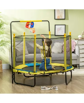 Qaba 4.6' Kids Trampoline with Basketball Hoop, Horizontal Bar, 55" Indoor Trampoline with Net, Small Springfree Trampoline Gifts for Kids Toys, Ages