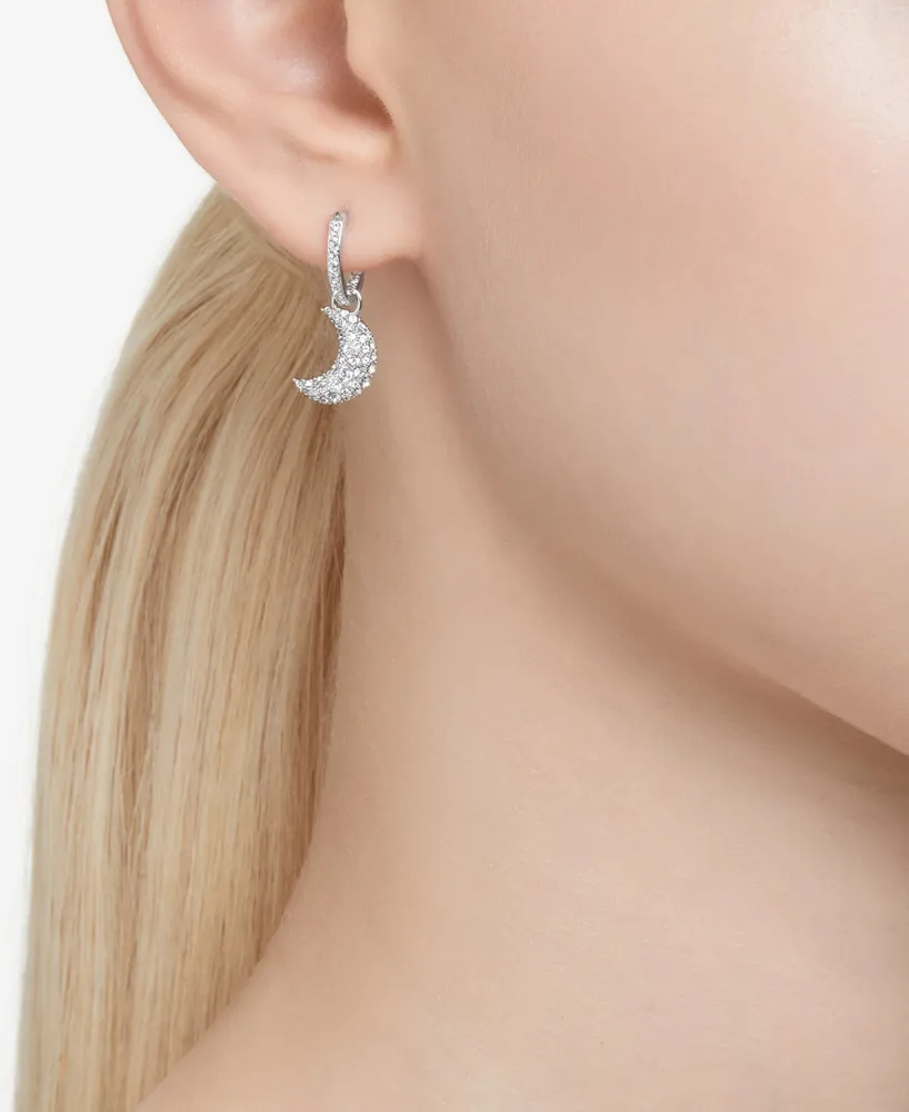 Swarovski Rhodium-Plated Pave Moon Charm Hoop Earrings