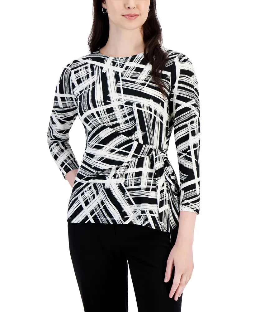 Kasper Petite Printed 3/4-Sleeve Side-Knot Top