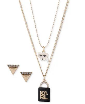Karl Lagerfeld Paris Gold-Tone Karl Lock Layered Pendant Necklace & Stud Earrings Set