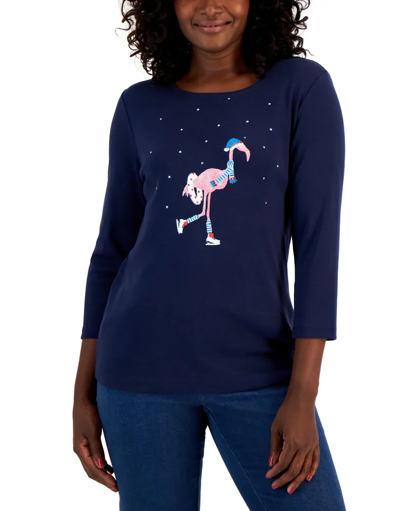 Karen Scott Women's Scoop-Neck Flamingo-Graphic Top, Created for