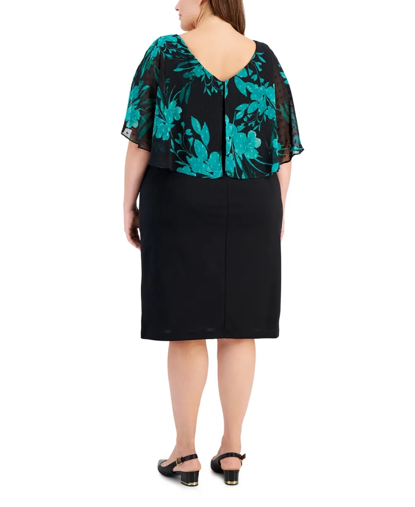 Connected Plus Size Printed Clip-Dot Cape Overlay Dress