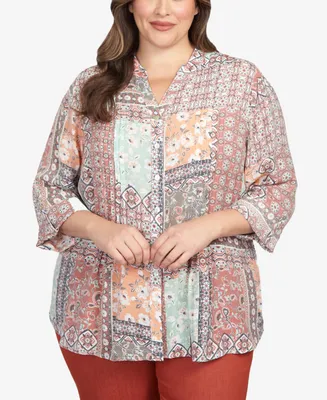 Ruby Rd. Plus Size Paisley Patchwork Print Button Front Top
