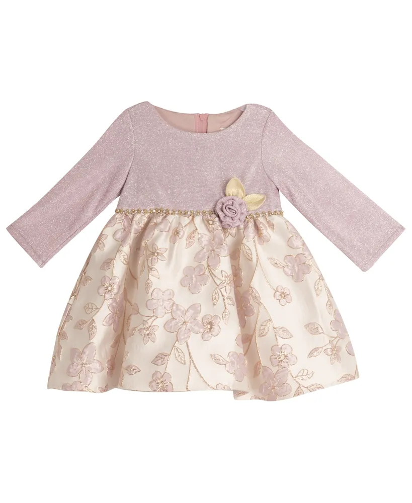 Rare Editions Baby Girls Long Sleeved Dress With Floral Jacquard Skirt