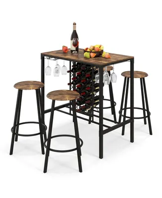 Costway 5PCS Bar Table & Stools Set Industrial Bistro Set with Wine Rack & Glass Holder