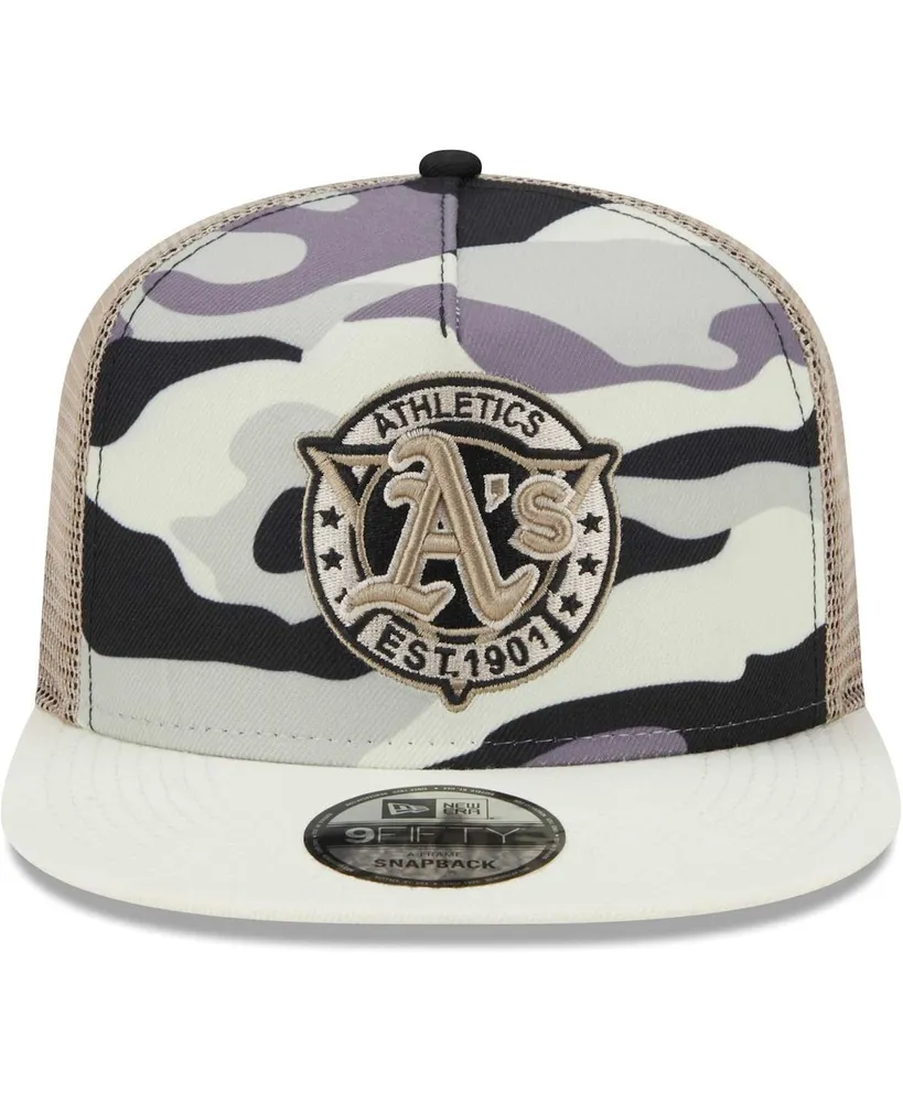 Men's New Era White Oakland Athletics Chrome Camo A-Frame 9FIFTY Trucker Snapback Hat
