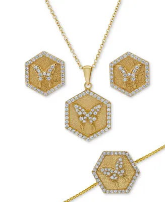 3-Pc. Set Lab-Grown White Sapphire (1-1/2 ct. t.w.) Hexagon Disc Pendant Necklace, Bolo Bracelet, & Matching Stud Earrings in 14k Gold