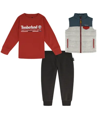 Timberland Little Boys Color Block Puffer Vest, Graphic T-shirt and Fleece Joggers, 3 Piece Set