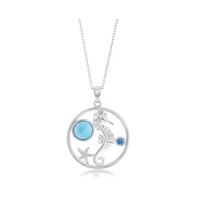 Sterling Silver Seahorse, Round Larimar & Blue Cz Necklace