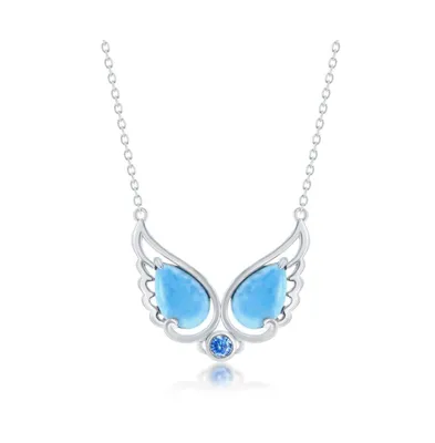 Sterling Silver Double Larimar Angel Wings w/ Round Aqua Cz Necklace