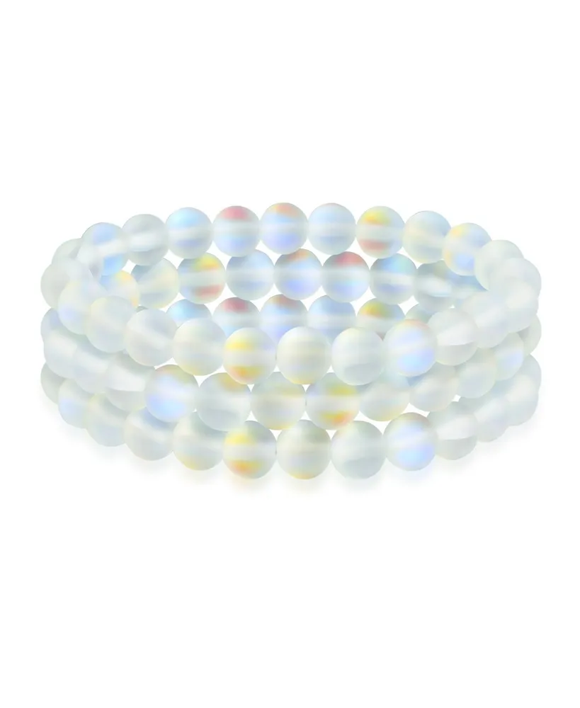 Bling Jewelry Set Of 3 Rainbow Iridescent Created Moonstone Round Bead 8MM Stacking Strand Stretch Bracelet For Women Men Teen Unisex