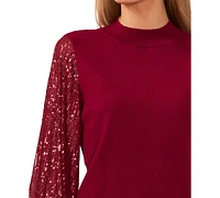 CeCe Women's Sheer-Sequin-Sleeve Mock-Neck Cotton Sweater