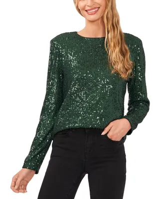 CeCe Women's Long Sleeve Crew Neck Sequin Blouse