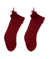 Glitzhome 2 Pack 24" L Knitted Polyester Christmas Stocking with Pom Pom Ball, Red