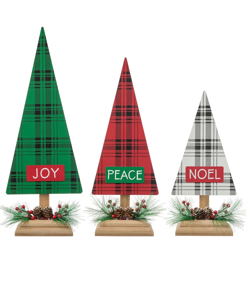 Glitzhome Set of 3 Wooden Christmas Plaid Table Tree