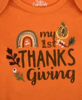 Baby Essentials Girls My 1st Thanksgiving Pumpkins and Rainbow Bodysuit, Pants, Socks Headband, 4 Piece Set