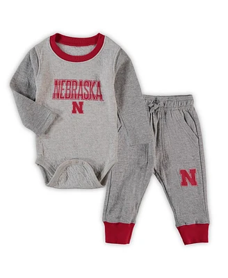 Infant Boys and Girls Wes & Willy Heathered Gray, Scarlet Nebraska Huskers Jie Jie Long Sleeve Bodysuit and Pants Set