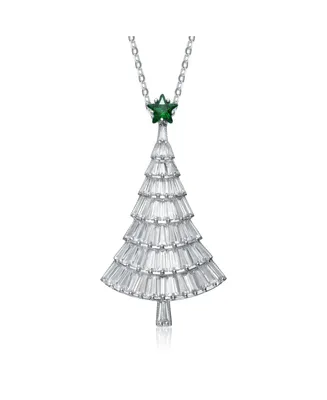 Rachel Glauber Festive Christmas Tree Pendant/Brooch in White Gold Plating with Cubic Zirconia in White and Emerald Green