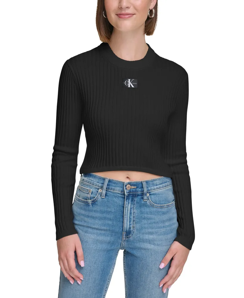 Calvin Klein Jeans Women\'s Cotton Logo Cropped Long Sleeve High Crew Neck  Top | Hawthorn Mall