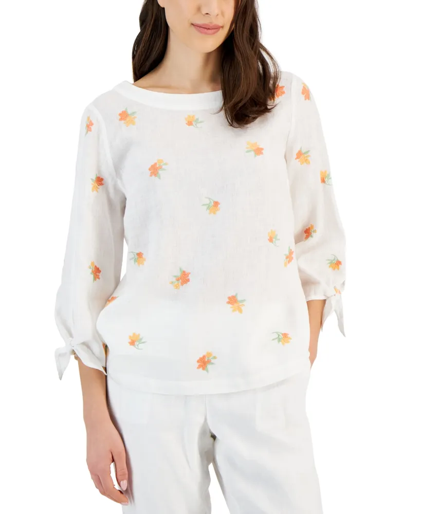 Charter Club Petite Linen Embroidered-Sleeve Top, Created for