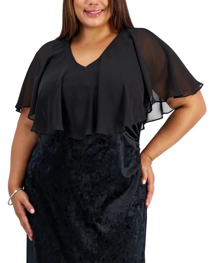 Connected Plus Size V-Neck Velvet Side-Slit Cape Dress