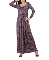 24seven Comfort Apparel Women's Floral Long Sleeve Pleated Maxi Dress