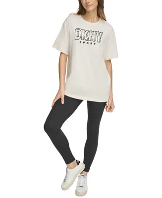 Dkny Sport Women's Cotton Flocked-Logo Crewneck Drop Shoulder Tee