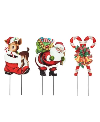 Glitzhome 24" H Metal Glitter Santa, Reindeer and Candy Cane Yard Stake, Set of 3