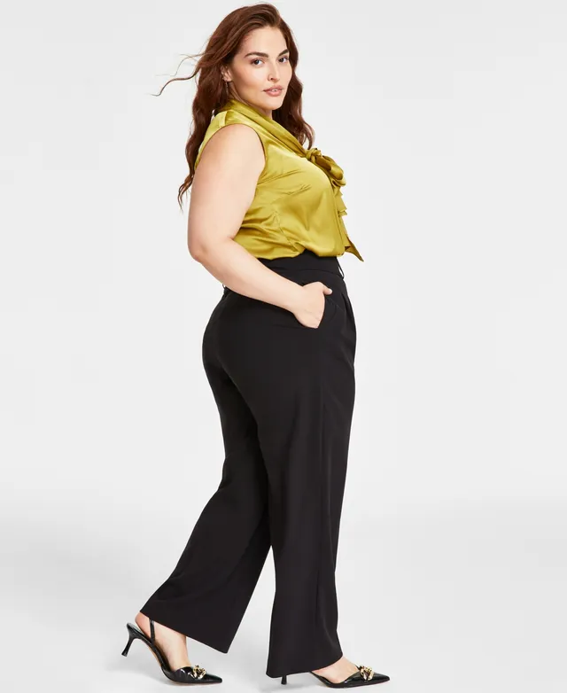 Plus Size Faux Button Detail Wide Leg Dress Pants - Black