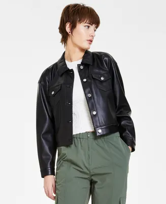 Bar Iii Petite Cropped Long-Sleeve Faux-Leather Jacket, Created for Macy's
