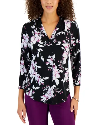 Jm Collection Women's Printed V-Neck 3/4 Sleeve Knit Top, Created for Macy's