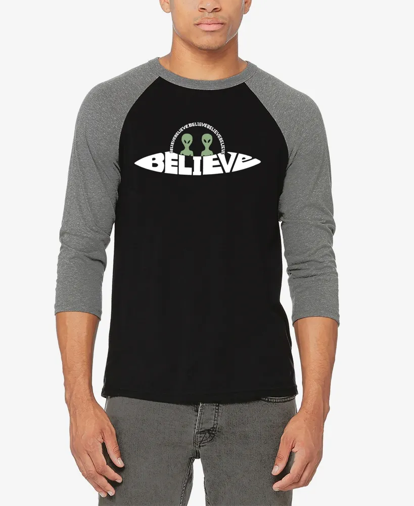 La Pop Art Men's Believe Ufo Raglan Baseball Word T-shirt