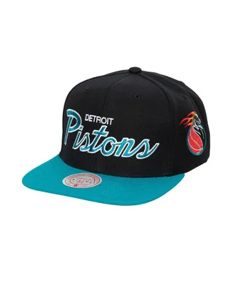 Men's Mitchell & Ness Black Detroit Pistons Hardwood Classics Mvp Team Script 2.0 Snapback Hat