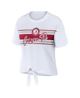 Women's Wear by Erin Andrews White Alabama Crimson Tide Striped Front Knot Cropped T-shirt