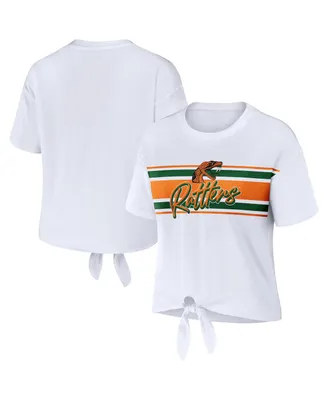 Women's Wear by Erin Andrews White Florida A&M Rattlers Striped Front Knot Cropped T-shirt